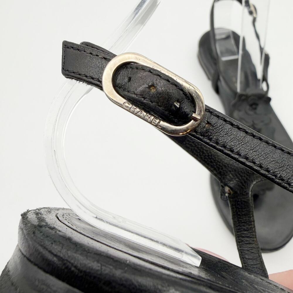 Chanel Camellia Sequin Black Leather Thong Sandal Flat Silver CC Logo Shoes 36.5 - Picture 7 of 12